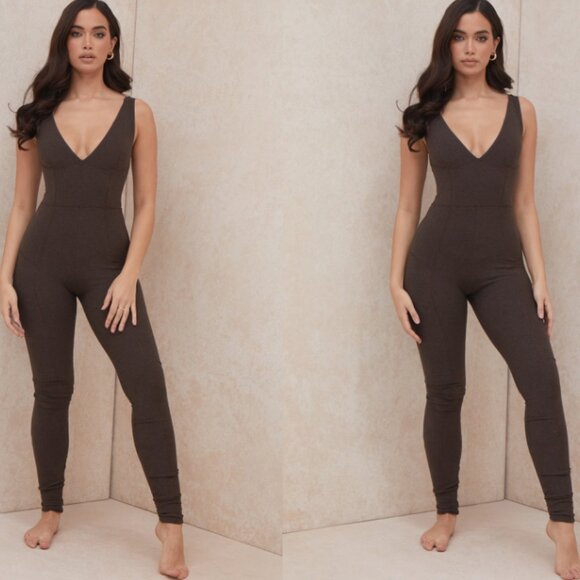 House of CB Pants - House of CB 'Rissa' Brown V-Neck Skinny Leg Slim Jumpsuit NWOT